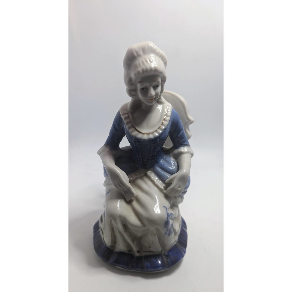 Vintage Flow Blue Colonial Lady Sitting Hand Painted Fine Porcelain Figurine
